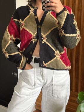 Vintage Susan Bristol Crew Neck Brass Button Front Cardigan. MP